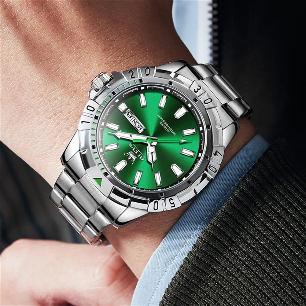 OLEVS Original Watch for Men Luxury Waterproof Green Dial Luminous Stainless Steel Classic Quartz Analog WristWatches Date Week