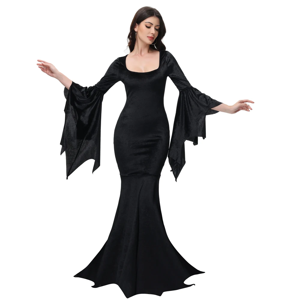 Halloween Costume Cosplay Morticia Adams Primate Black Adams Family Dress Retro Gothic Flared Sleeve Fishtail Female