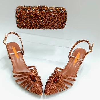 INSIGHTLINK Women Brown Crystals Shoes and Clutch Bags Set Diamonds High-heeled Sandals Party Ladies Gems Wedge Sandals Party