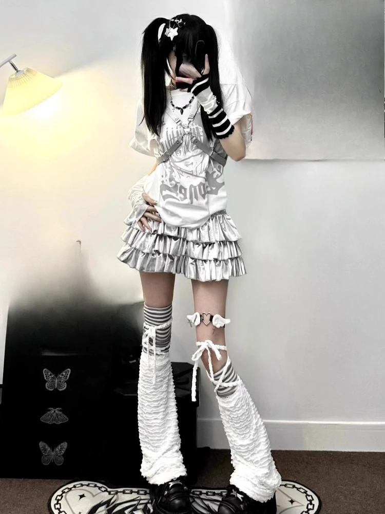 Y2k Aesthetic Silver Women Ruffled Skirts Harajuku Ball Gown High Waist Streetwear Mini Skirt Spring Sweet Vintage Cake Faldas 5