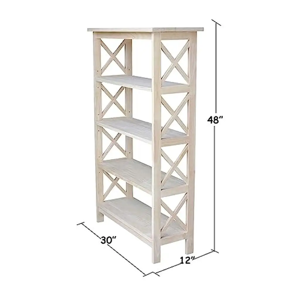 Solid Parawood 4-Tier X-Sided Bookcase Unfinished Finish Adjustable Shelves Residential Use Only 30"x12"x48" Office Kids Living