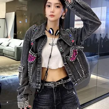 다이아몬드 여성용 진 코트 바이커 스팽글 그레이 라인스톤, 스몰 데님 재킷, 스톤 아우터, 용수철 가을 크롭