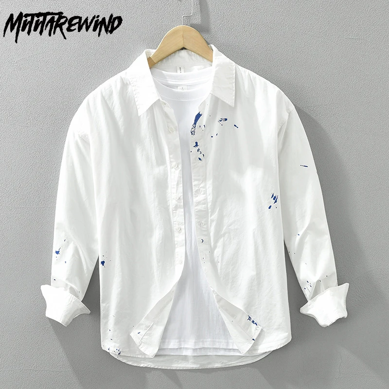 

Japanese Style New Men Long Sleeve White Shirt Daily Causal 100% Cotton Baggy Shirts Splash-ink Designer Shirt Fashion Versatile