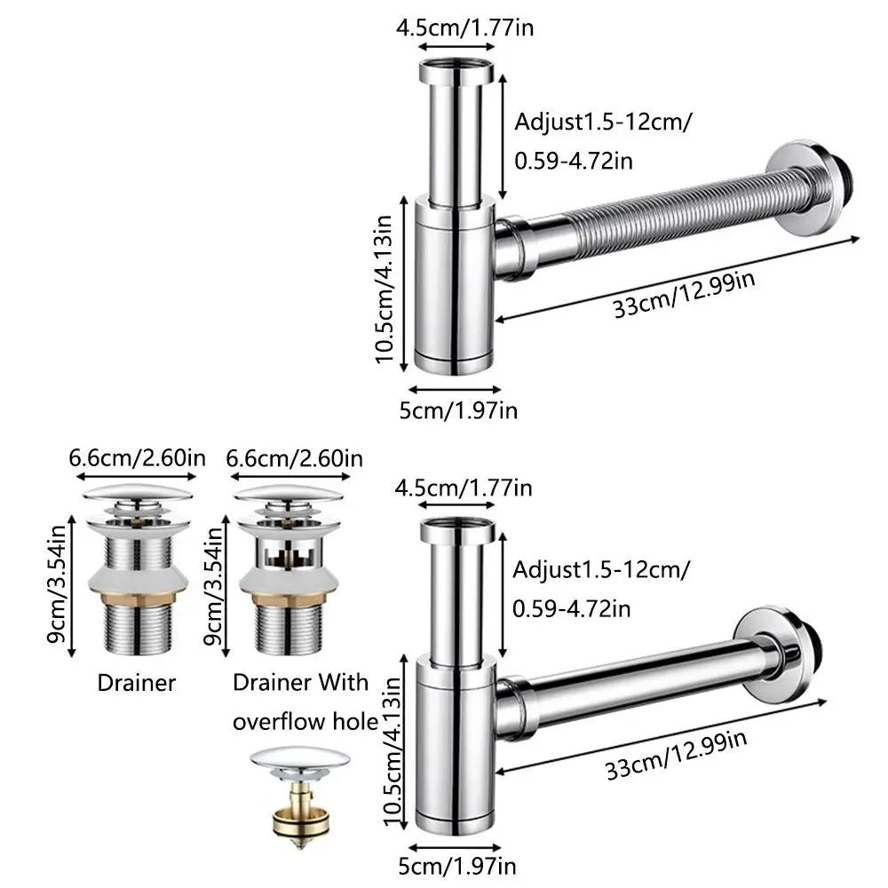 Without overflow Round P-Trap Waste Pipe Kit Solid Copper Adjustable Height Siphon Drainer Plumbing Tube Removable drainage pipe set