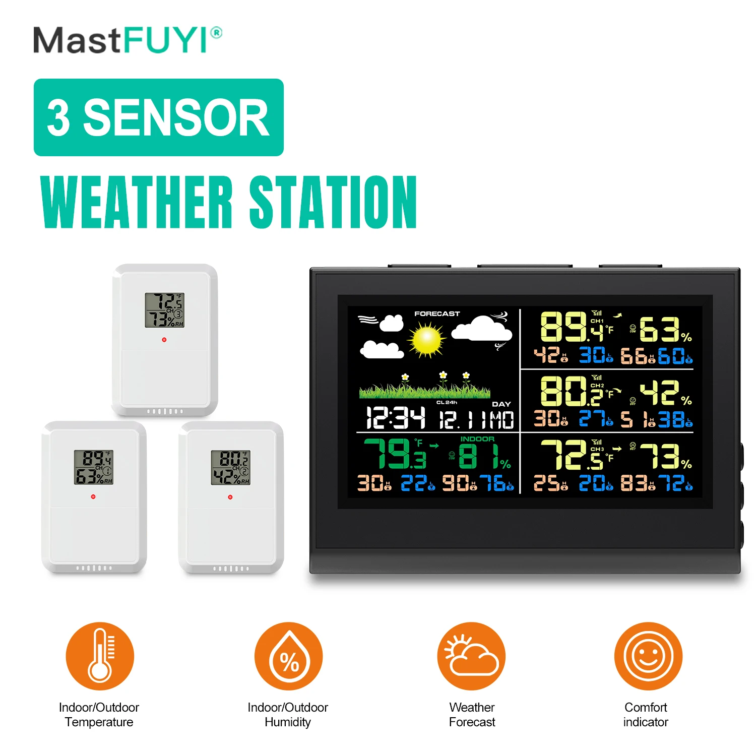 Thermometer Hygrometer 3-Sensor Weather Station 5-inch HD Color Display Desktop Clock Weather Forecast Indoor/Outdoor