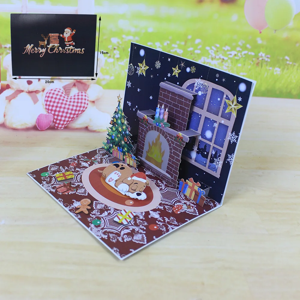 1PC Christmas Blessings Music Lights Projection Elderly Fireplace 3D Stereoscopic Greeting Card Paper Sculpture New Year Card greeting cards
