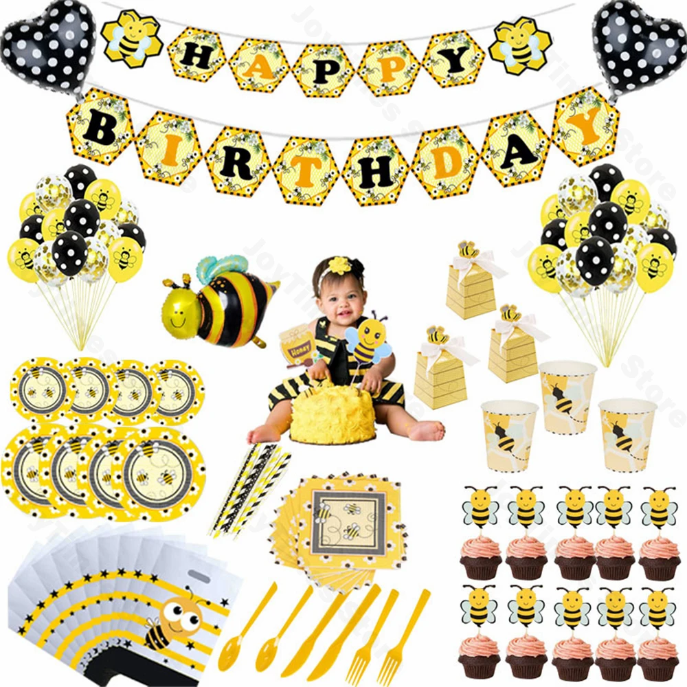 

Honey Bee Disposable Tableware Bee Theme Birthday Party Decoration Plate Cups Napkins Banner Baby Shower Birthday Party Supply