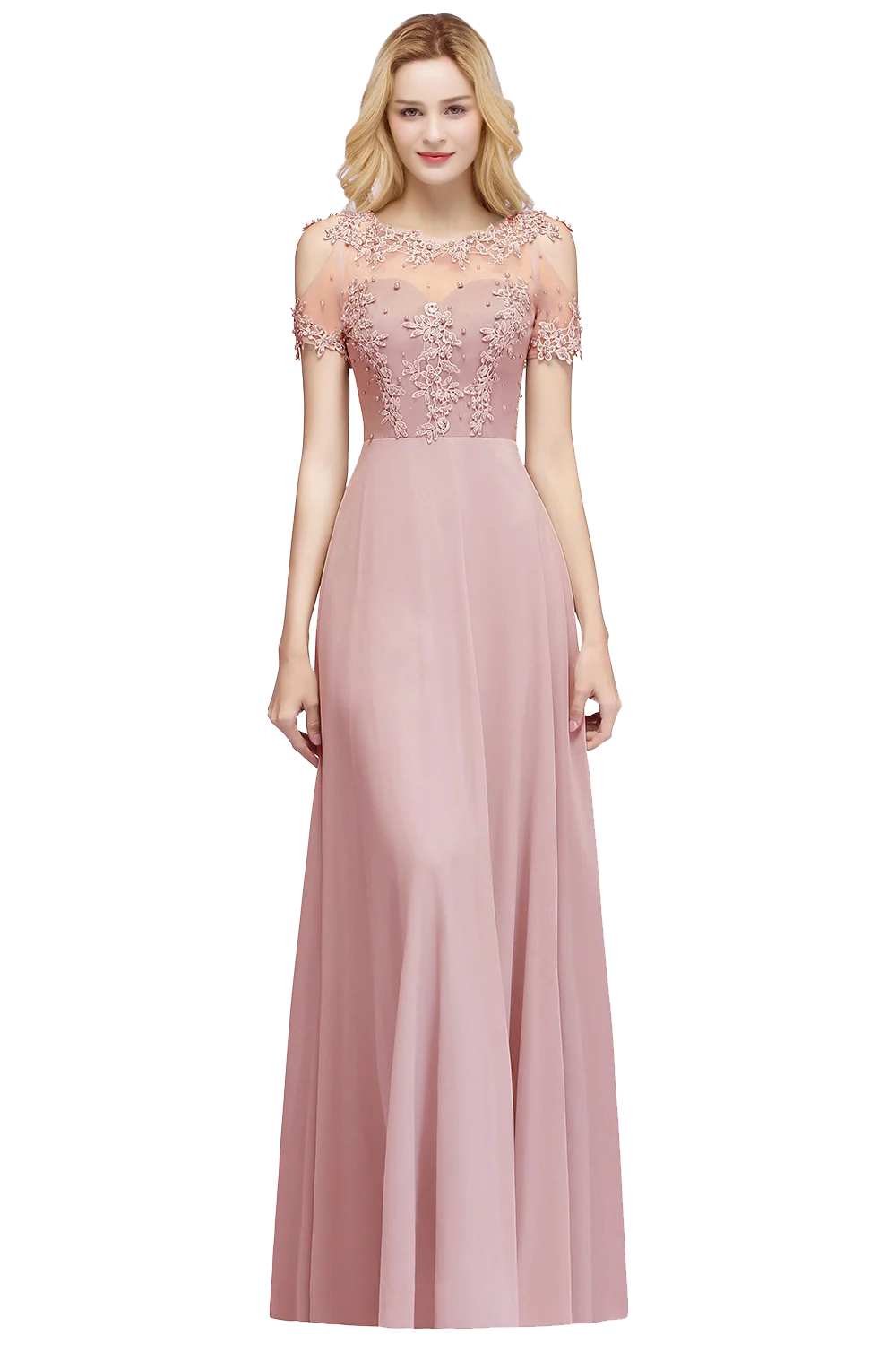 Pink Bridesmaid Dress Pearl Beads Illusion Short Sleeve Boho Wedding Party Guest Gowns Chiffon A Line Dresses Women bridesmaid dresses