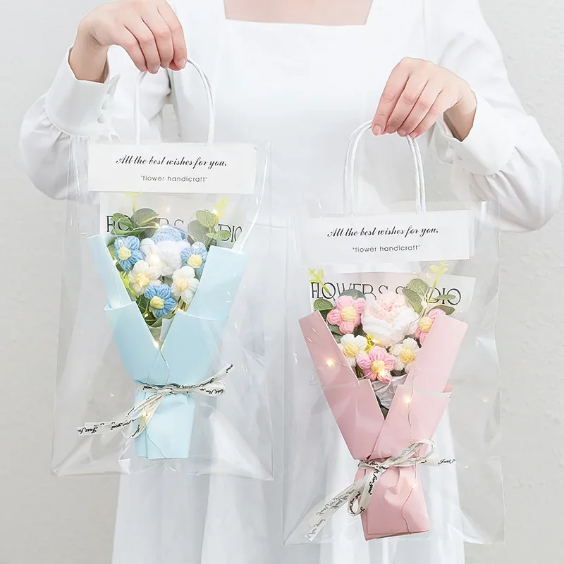 Transparent PVC Flower Bouquet Bag Flower Packing Box Handles Reusable Wrapping Bags For Birthday Wedding Valentines