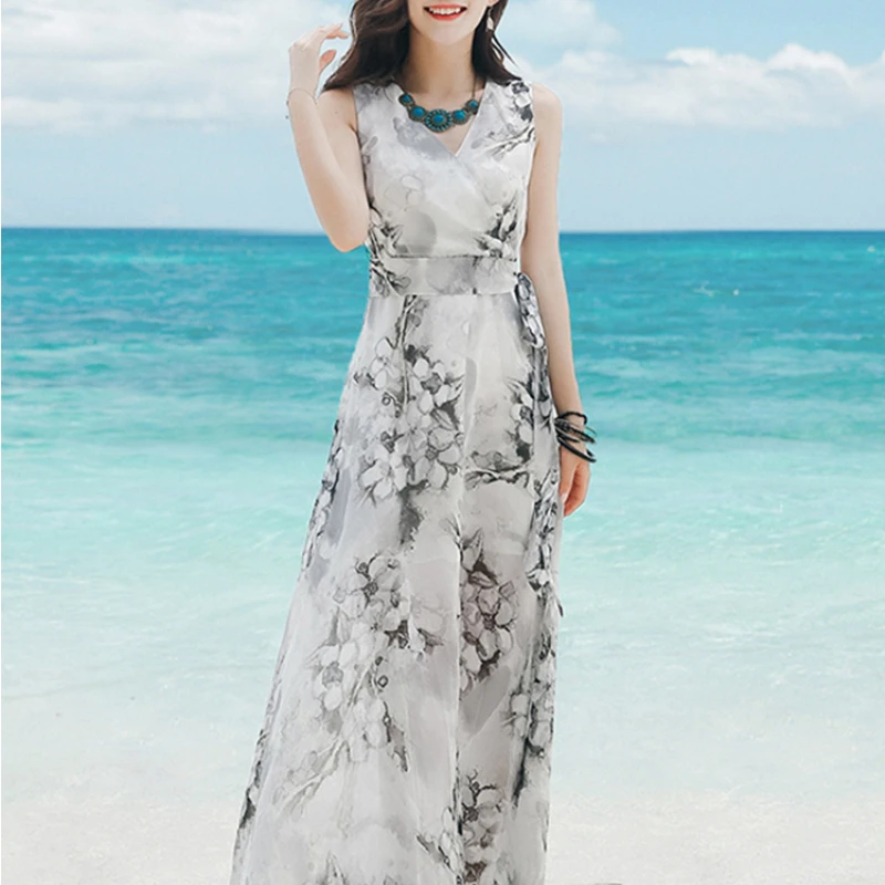 Summer Dress Women Fashionable Sleeveless Printing Chiffon Long Holiday Dress for Women Boho Beach Dress Vestidos Mujer Zm237