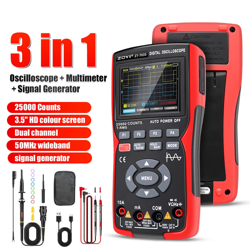 Digital Oscilloscope Signal Generator ZOYI ZT703S 3in1 Digital Oscilloscope Multimeter Signal Generator Dual Channel 50MHz Bandwidth 280MS Sampling Rate Multi Tester