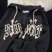 Goth Embroidery Hoodies Women High Street Harajuku Retro Hip Hop Zip Up Hoodie Loose Man Sweatshirt Hoodie Clothes Y2K Hoodie - Image 4