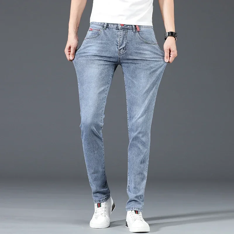 2025 New Men's Cotton Business Casual Skinny Jeans Trendy Fashionable Stretch Straight Slim Denim Trousers Male Blue Grey 3