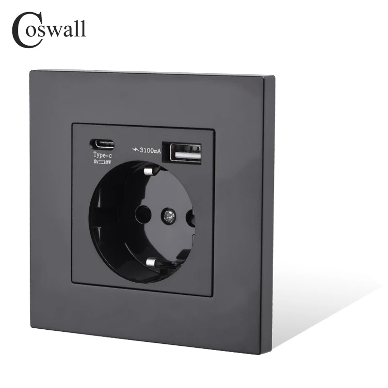 COSWALLEUWallPowerSocketGroundedBlackPlasticPanelWith18WType
