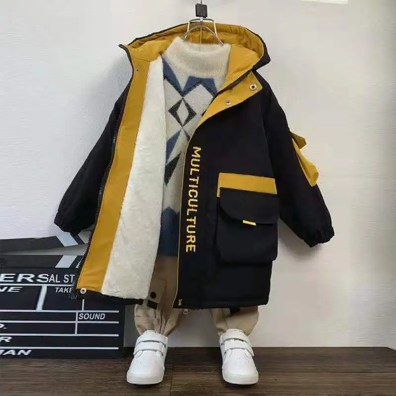 Kids Jackets Kids 4 6 8 10 12 Years Boys Jacket Autumn Winter Plus Velvet Warm Teen Kids Jackets Fashion Letter Zipper Hooded Boys Coat