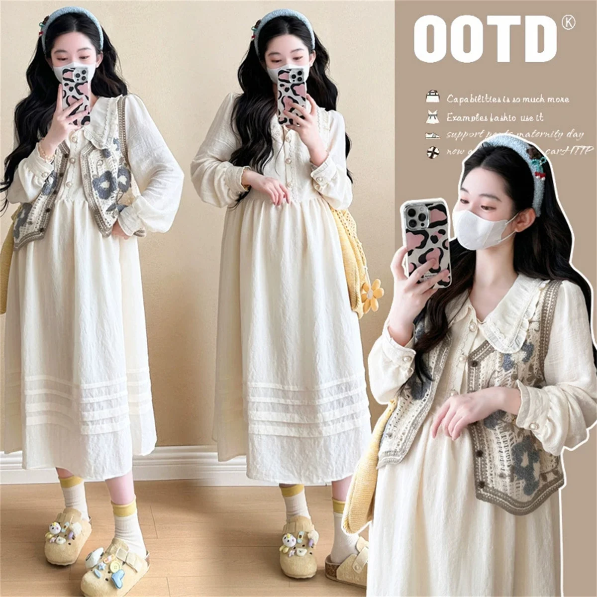 Spring and autumn pregnant women set dress vest new fashion gentle Korean sweet age slimming set pregnant women dress