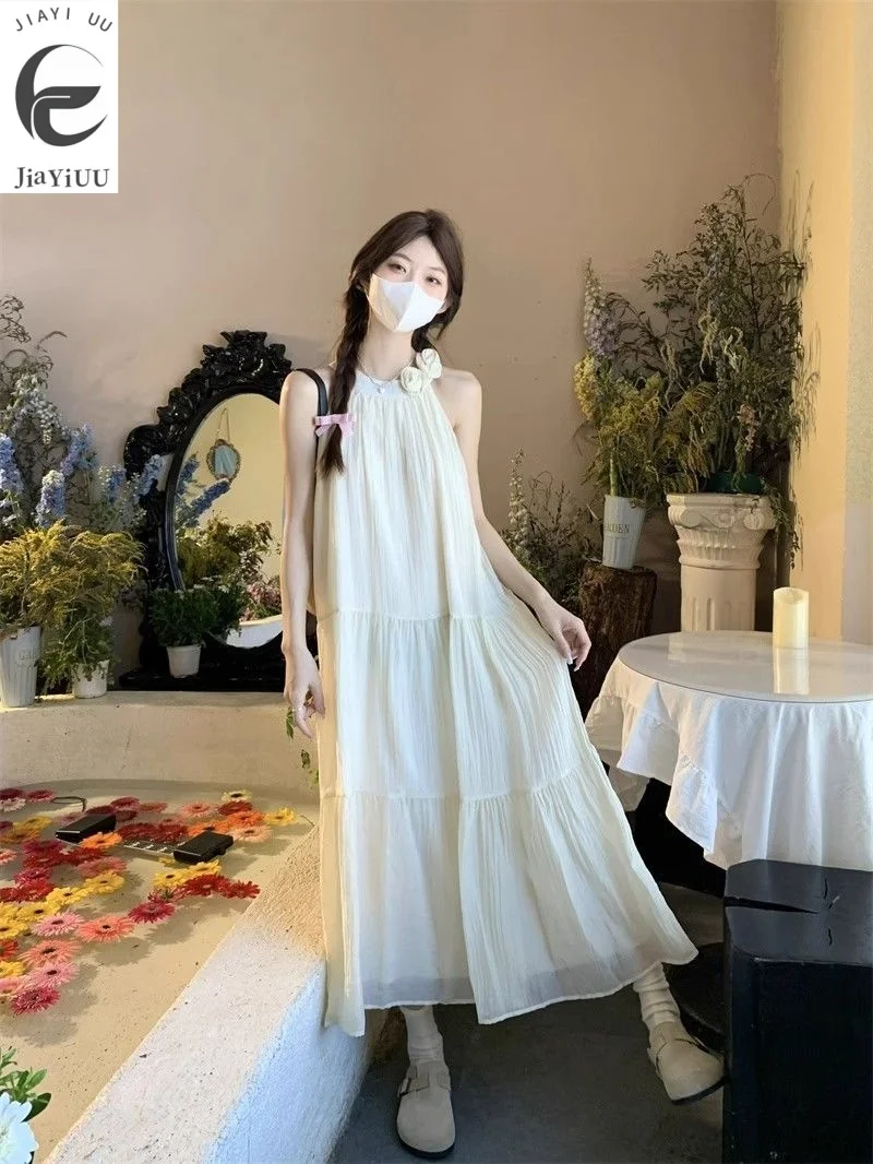 

2024 Summer Gentle Style Three Dimensional Flower Hanging Neck Dress Women's Summer Beach Vacation Fairy Dress Temperament Slim