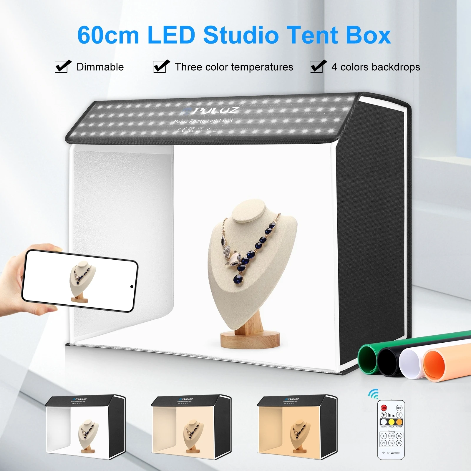 PULUZ 60 x 40cm Photo Studio Light Box Portable Cuboid Photography Studio Tent Kit with 4 Color Backdrops & Remote Control