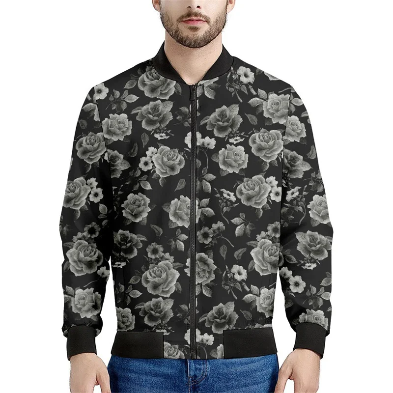 thumbnail image 1 of Chaqueta con cremallera y estampado de flores de rosas para hombre, con plantas 3D, mangas largas, para primavera y otoño, chaquetas de gran tamaño, abrigos, ropa de calle, 1 of 5