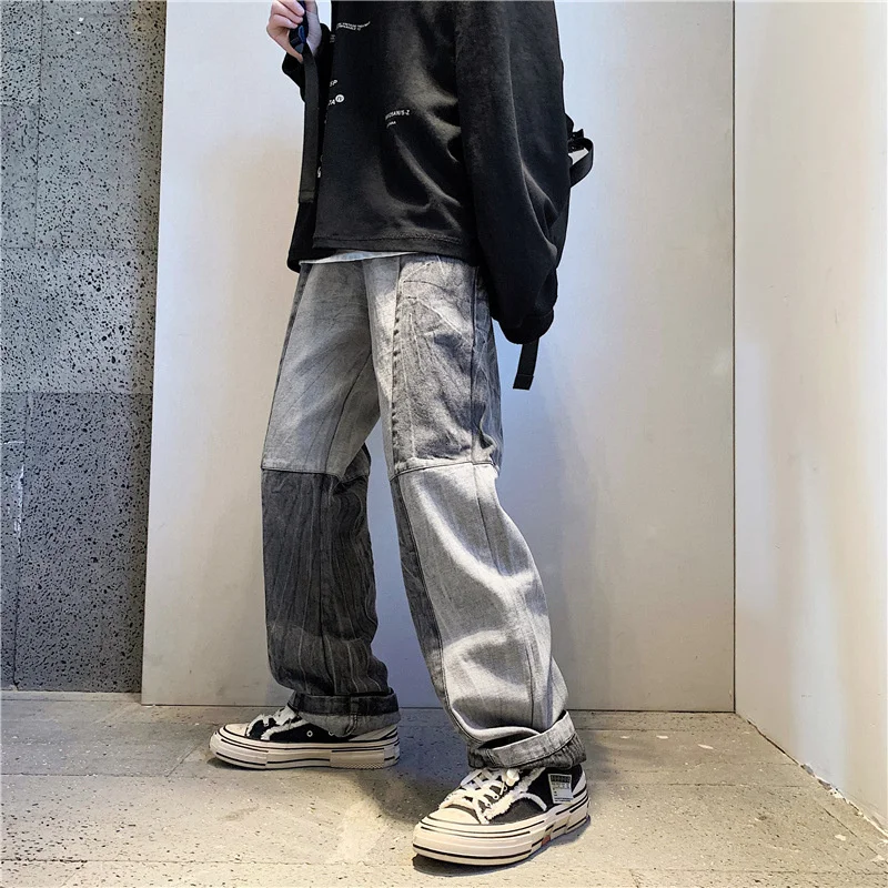 

2023 Fashion Brand Ins Splicing Wide Leg Jeans Men's Korean Version Straight Tube Loose Youth Trend Casual Pants