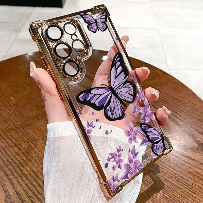 Purple Butterfly Electroplated Transparent Airbag Phone Case - Soft Cover