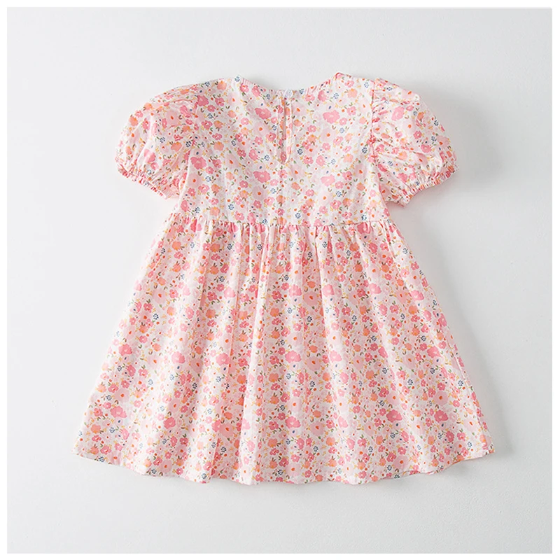 Kids Floral Princess Dress   Bohemia Girls Summer Lace Korean Children's Round Neck Short-Sleeved Boho Sweet Print Boatneck Dresses for Bohemian Girl in Pink