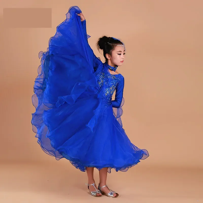 

Luxury rhinestone girls embroidery pendulum standard ballroom dance dress children tango flumenco Waltz dance competition dress