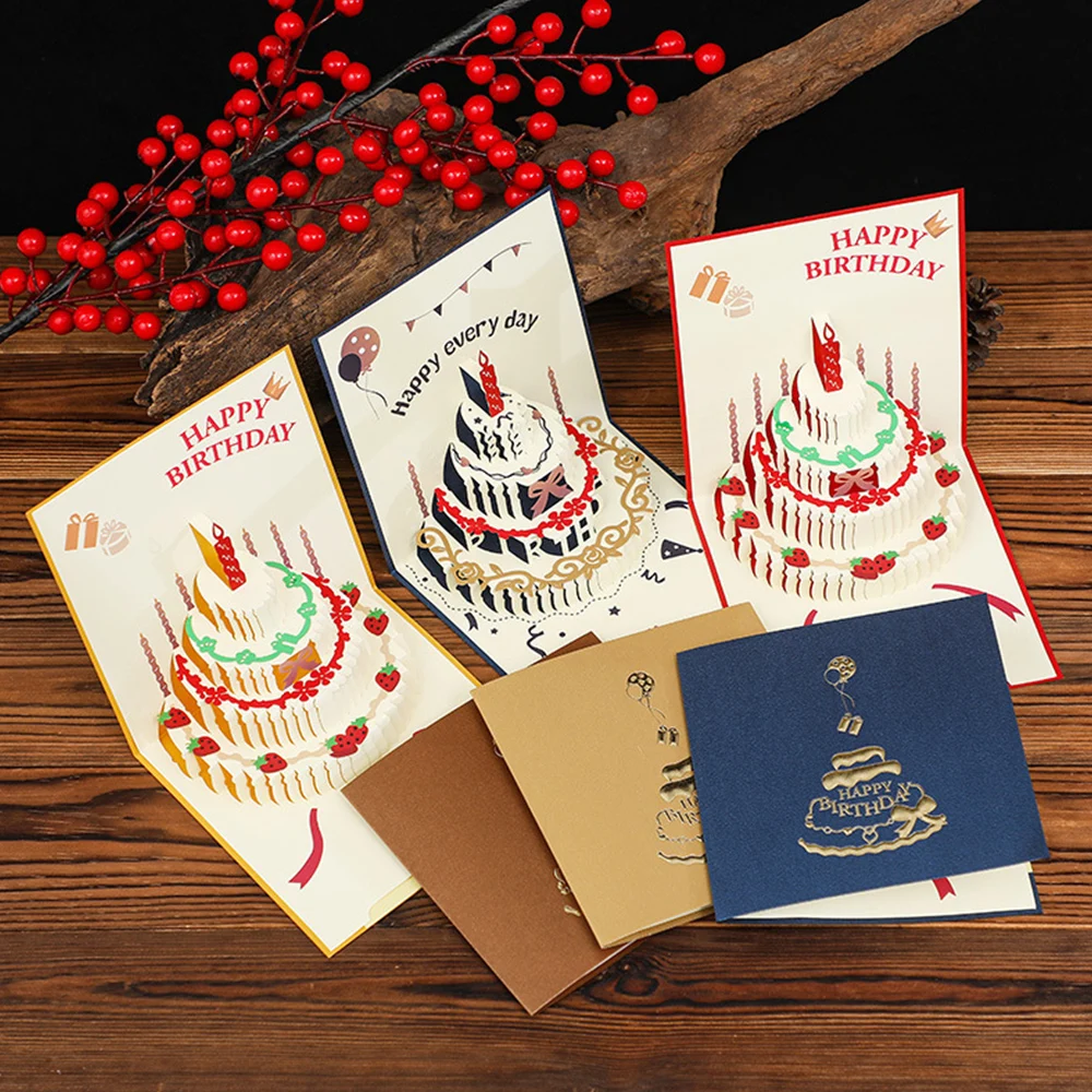 Writtable Wish Birthday Greeting Cards Cake Shape 3D Pop Up Gift Card Gift Cards With Envelope Wedding Decorations For Tables greeting cards
