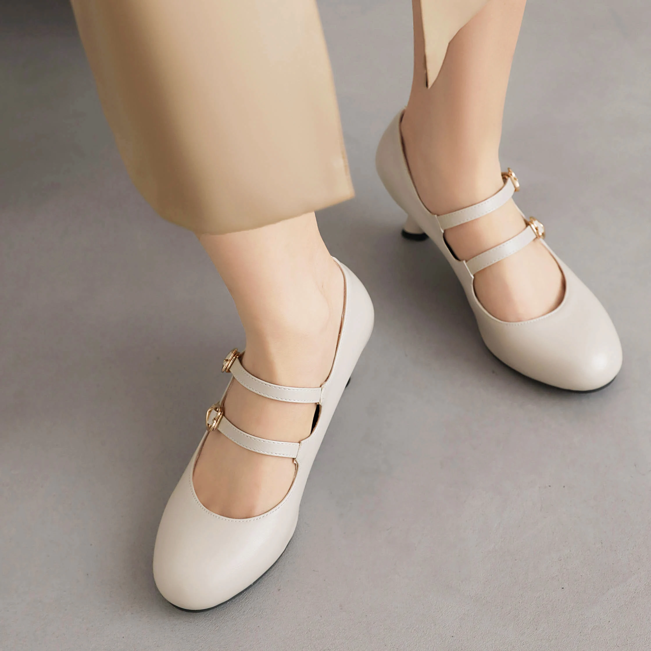 Han Dynasty Shoes for Women, Apricot Color Flats, Double Buckle Straps, Round Toe Shoes, Lady Style with Cheongsam, Republic of China Style High Heels 434548 Plus Size Work Shoes 4