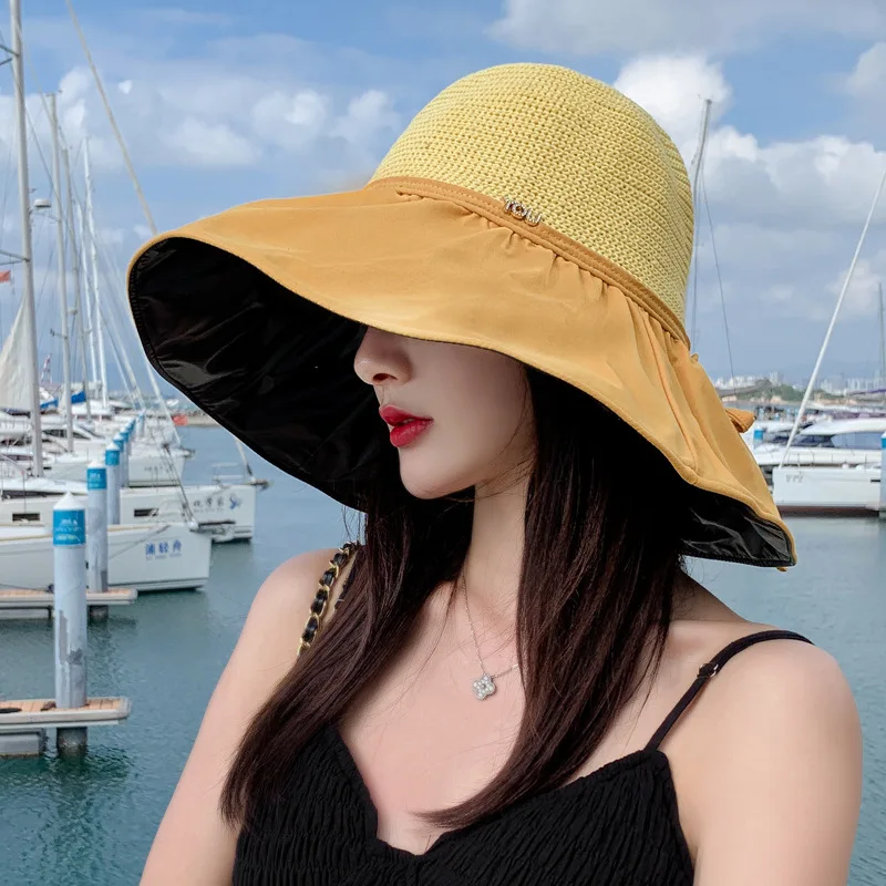 

Summer Black Rubber UV Protection Hat Fashion Women Large Brim Sunshade Cap Travel Breathable Beach Fisherman Hat Sun Bonnet