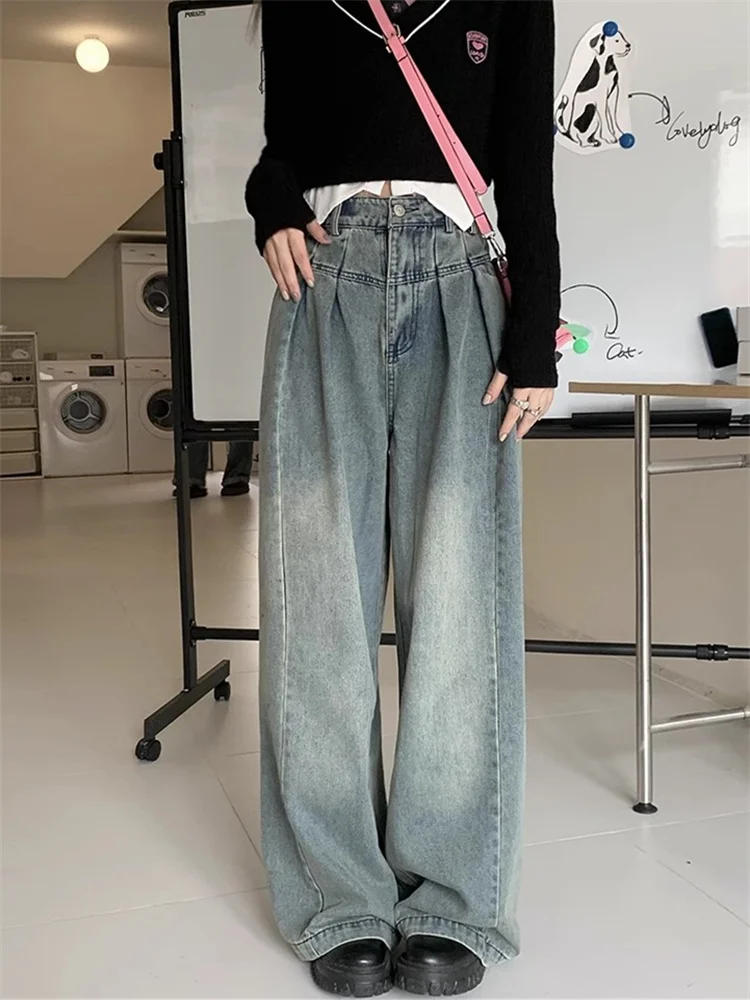 QWEEK Korean Fashion Baggy Jeans Women Y2K Vintage 90s Pleated Denim Pants Oversized Harajuku Retro Streetwear Wide Leg Trousers