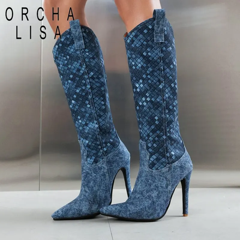

ORCHA LISA Design Knee High Boots 36cm Pointed Toe Stilettos 11.5cm Slip On Plaid Sexy Party Western Booties Large Size 46 47 48