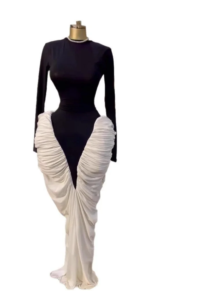 Wmstar Dress Women Party Autumn Women's Dress Is A Sexy and Elegant Round Neck Pleated Color Blocking Figure Hugging Dresses