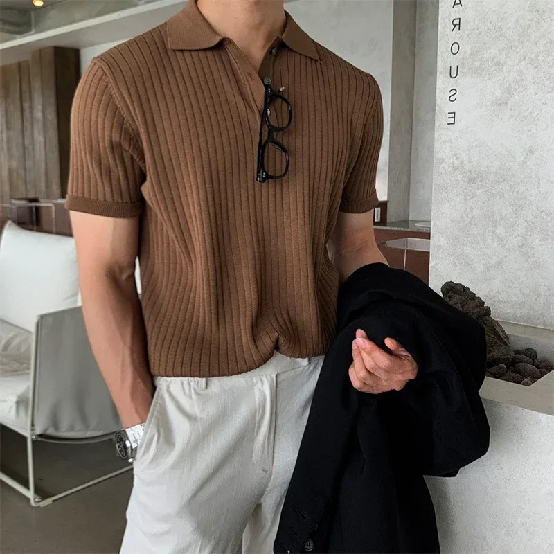 

Lapel Short Sleeve Buttons Half Placket Loose Men T-shirt Summer Solid Color Knitting Ribbed Shirt Top Streetwear