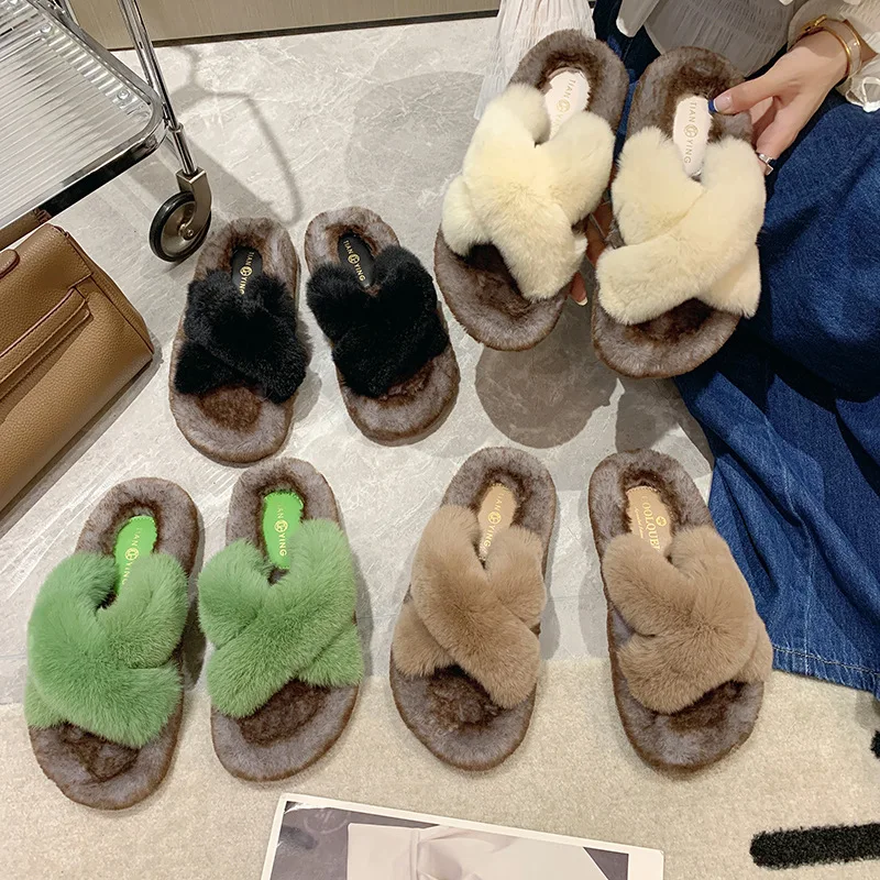 

Hairy Slippers Women Outdoor 2022 New Cross Rabbit Hair Thick Bottom Cotton Slippers Fashion All-match for Autumn Winter Shoes