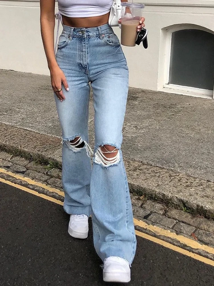 Ripped Jeans For Women Streetwear High Waisted Denim Trousers Distressed Y2k Pants Solid Color Roupas Femininas Pantalones Mujer