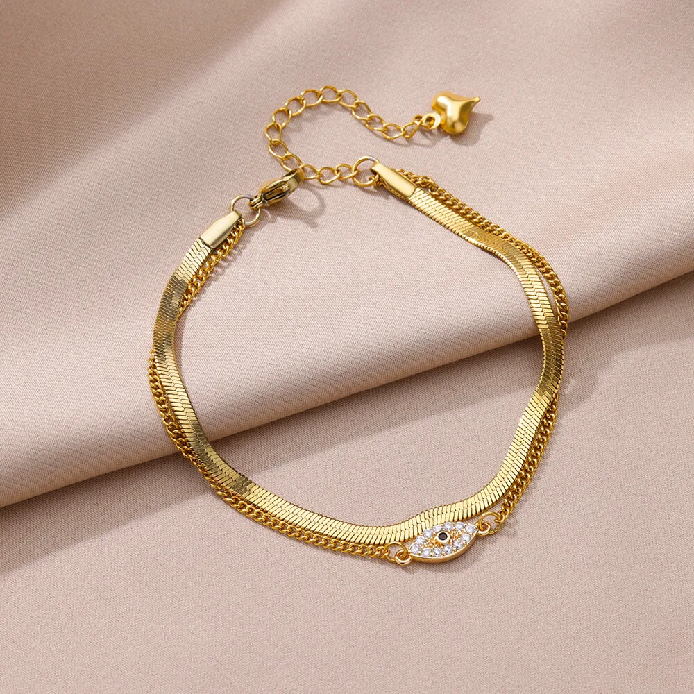 Zircon Evil Eye Anklets Gold Color Stainless Steel Double Snake Chain Anklet