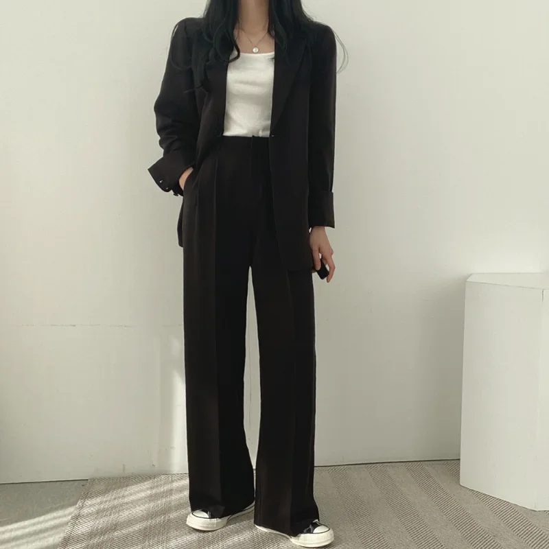 DAYIFUN-Chic Long Sleeve Blazers for Women Suits Coats and High Waist Pants Sets Office Lady Buttons Loose Blazer or Trousers
