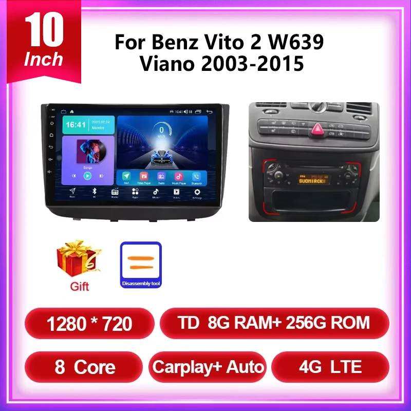 Autoradio Android 13 Pour Mercedes W639/Vito/Sprinter Etc. - 8Go RAM, 256Go, GPS, CarPlay, Double DIN