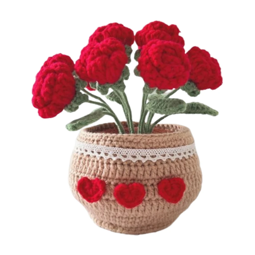 DIY Flower Potted Crochet Kit Cute Plants Hand-Knitted Tool for Kid (Red Rose)