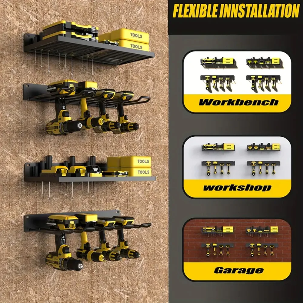 Power Tool Wall Mount Holder Space-Saving Drill Holder Battery Slot Heavy Duty Metal Tool Shelf Workshop Screwdriver Storage
