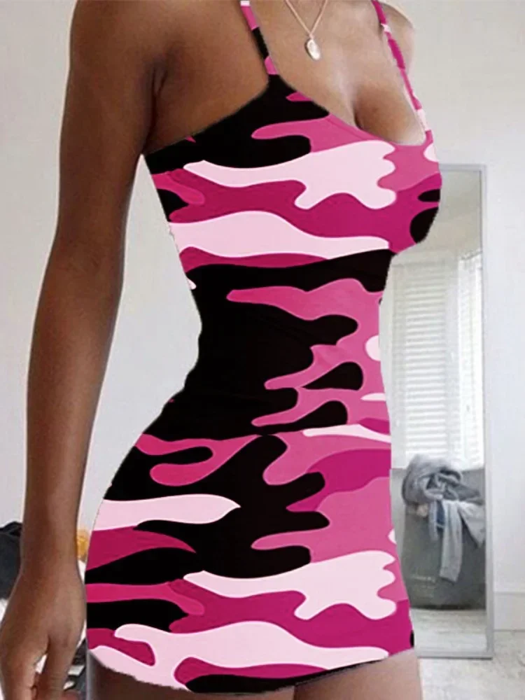 

Sexy Elegant Dress Camouflage Contrasting Colors Bodycon Slim Dress Women Spaghetti Strap Skinny Mini Dress Club Party Vestidos