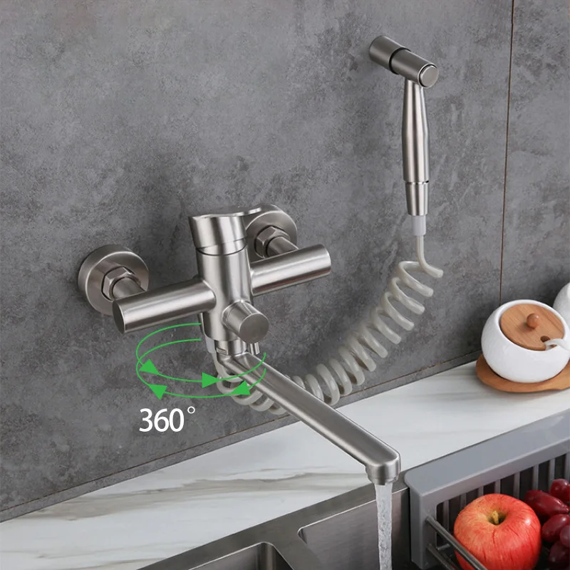 Stainless Steel Kitchen Faucet Brushed Extension Faucet 2 Functions Wall Mounted Bathtub Mixing Valve Shower Faucet Hand Spray