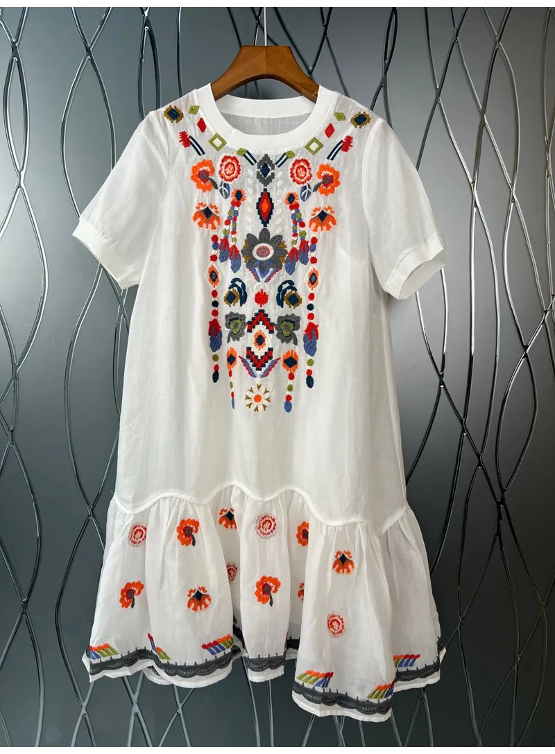 

High Quality Linen Dress 2022 Summer Clothes Ladies Exquisite Embroidery Short Sleeve Straight Casual White Dark Blue Dress