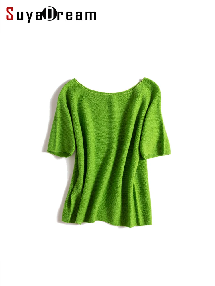 

SuyaDream 100%Sheep Wool, Slash Neck Pullovers for Woman, Short Sleeved, Seamless Sweaters, 2023 Fall Winter Top, Candy Colors