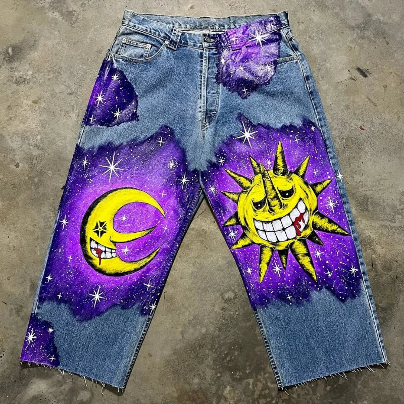 Y2K Moon Starry Sky Pattern Printed Purple Cowboy Loose Hip