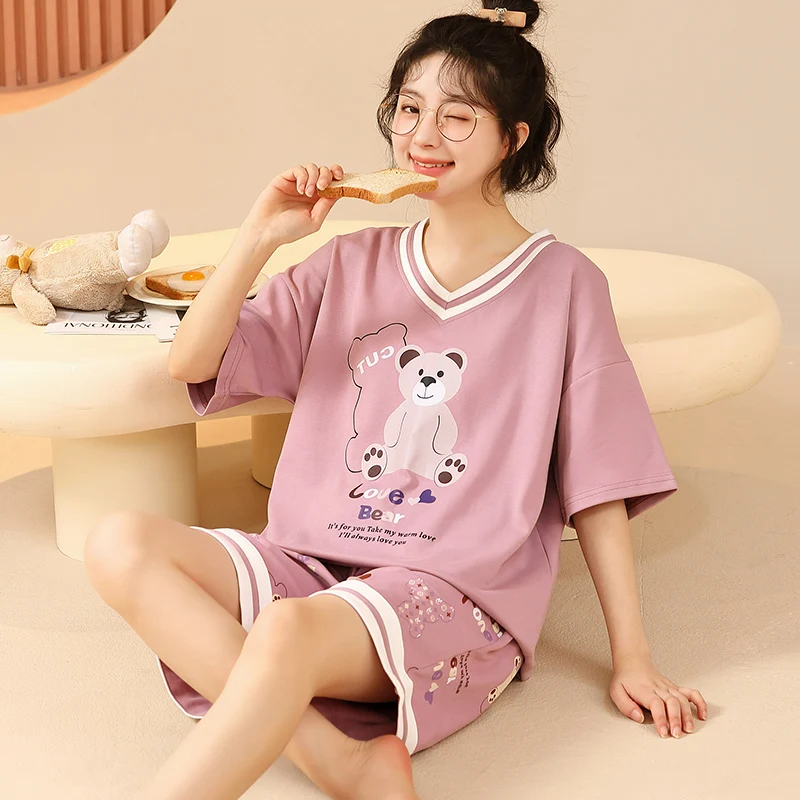 Women Cute Sleepwear 2PCS Shirt&Shorts Pajamas Set Print Nightwear Cartoon Pyjamas Female Homewear Tops Pant Pjs pijamas cartoon print women pajamas set long sleeve 2pcs shirt