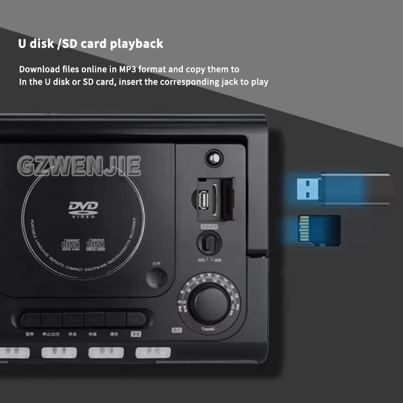 CD Player Cassette Player Combo AM FM Radio Plays AUX USB MP3 Stereo Sound Remote Control Tape Recording AC/DC Powered