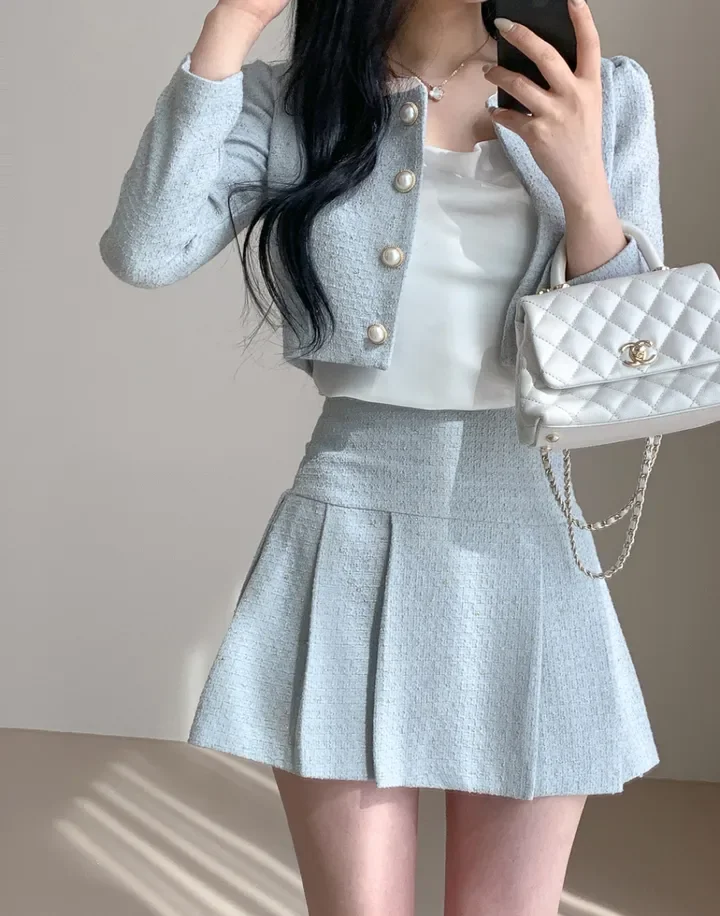 Korean Fashion Elegant Tweed Short Jacket Cropped Coats + High Waist Mini Skirts Suits Autumn New Slim Women Two-Piece Sets