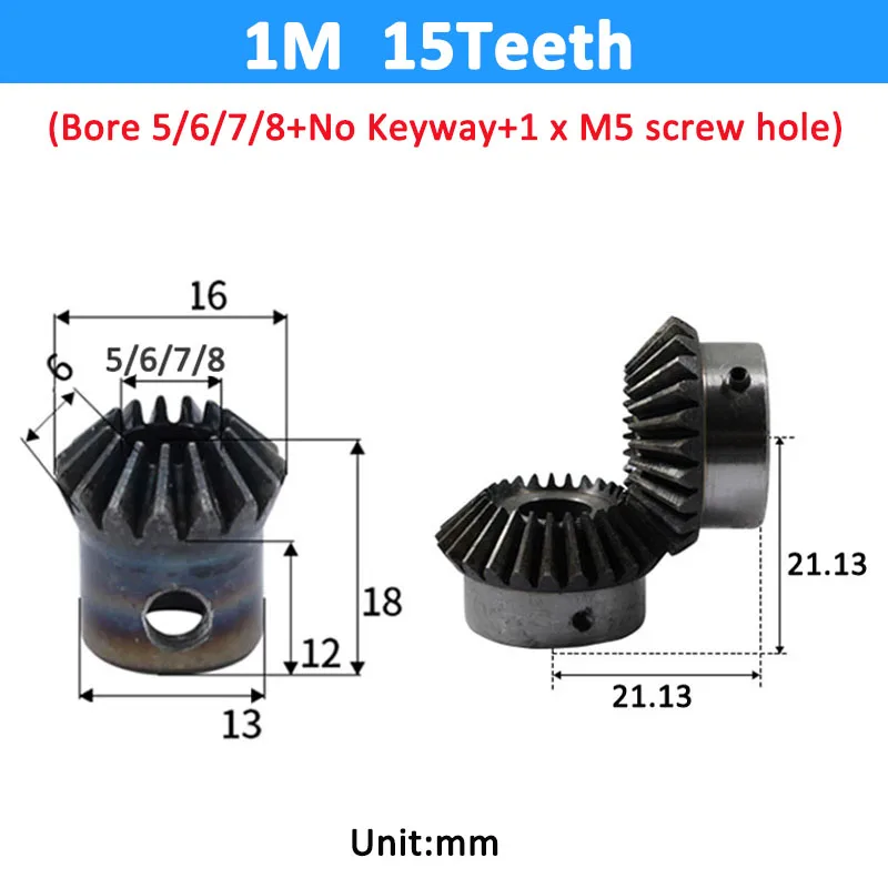 1pc Bevel Gear 1M Module 15/20 Teeth Inner Hole 5/6/7/8mm Gear 90 Degrees Meshing Angle Steel Gears Screw Hole M5 No Keyway